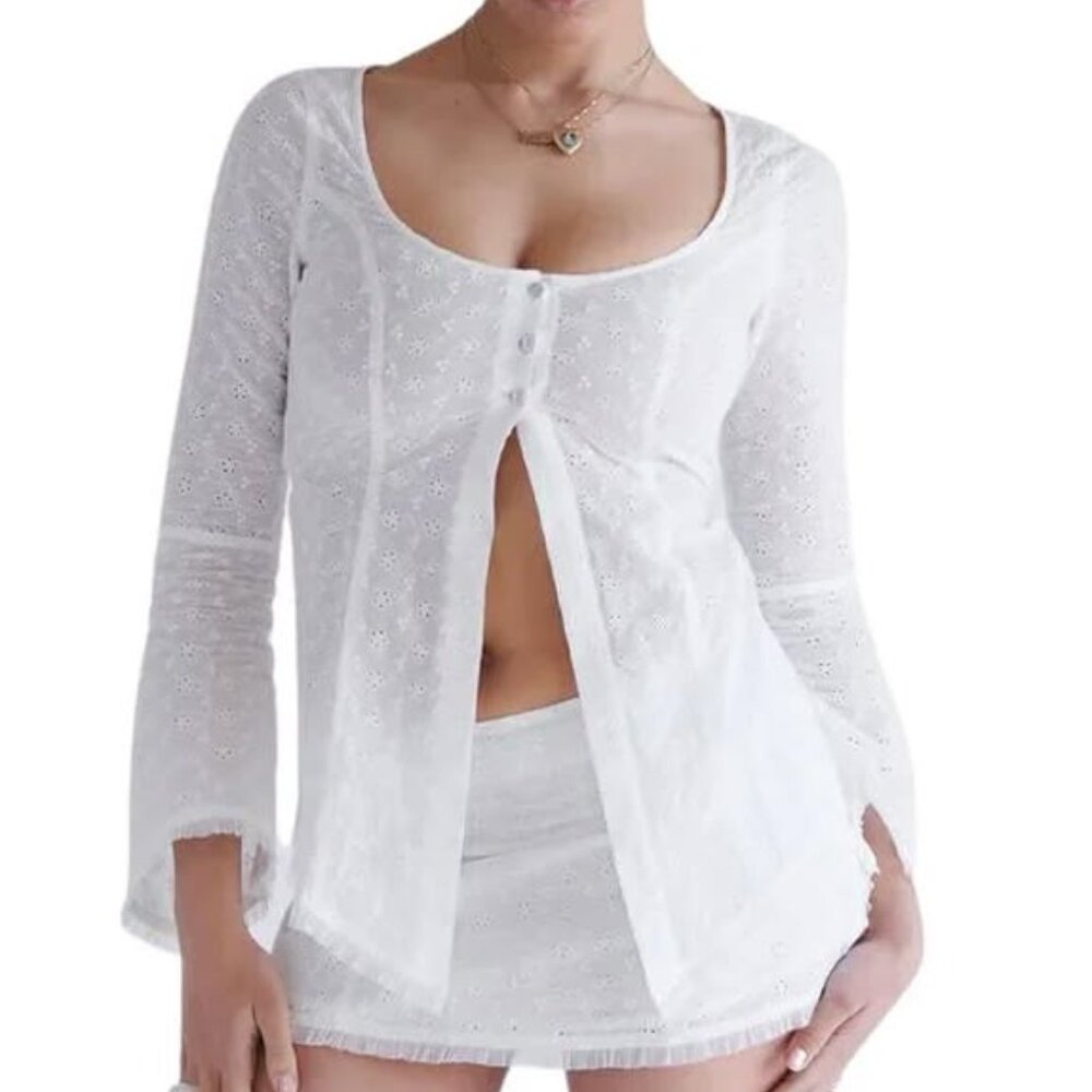Frankies Bikinis x Sydney Sweeney Bardot Eyelet Flyaway Top White NWT Size L - Picture 3 of 15